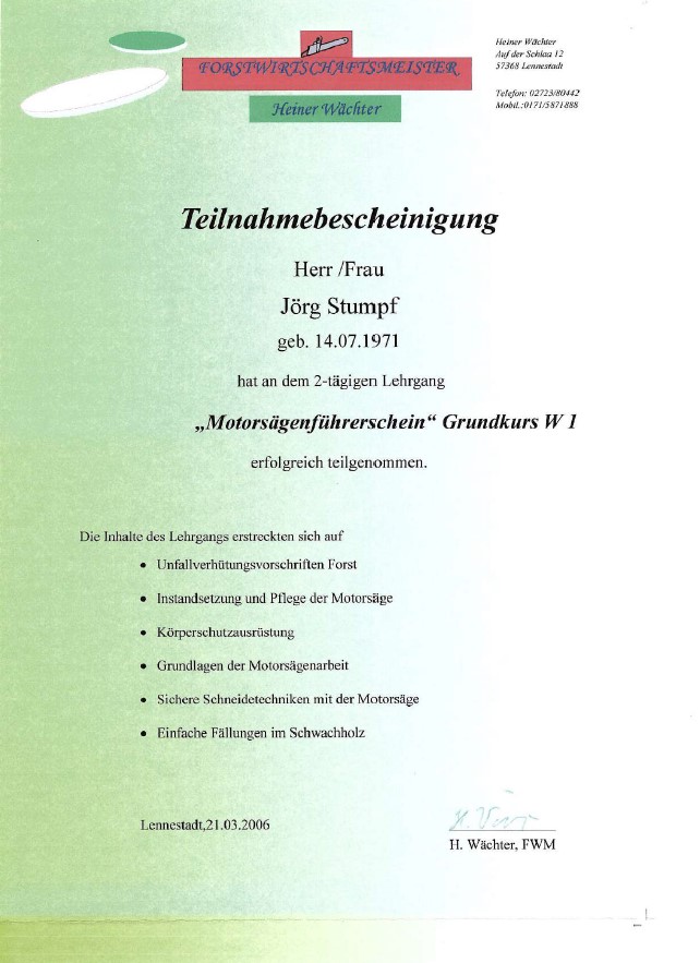 Urkunde Seminarteilnahme