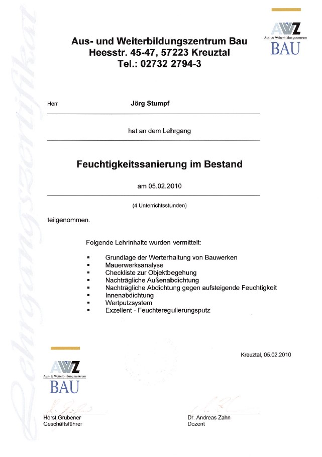 Zertifikat Bauwerksabdichtung