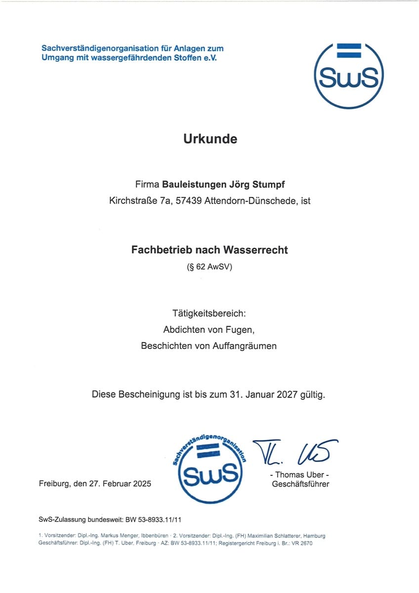 Zertifikat Beschichtung nach WHG § 62