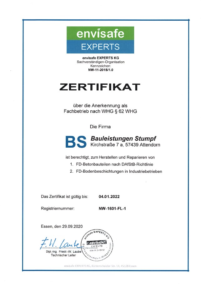 Zertifikat Beschichtung nach WHG § 62