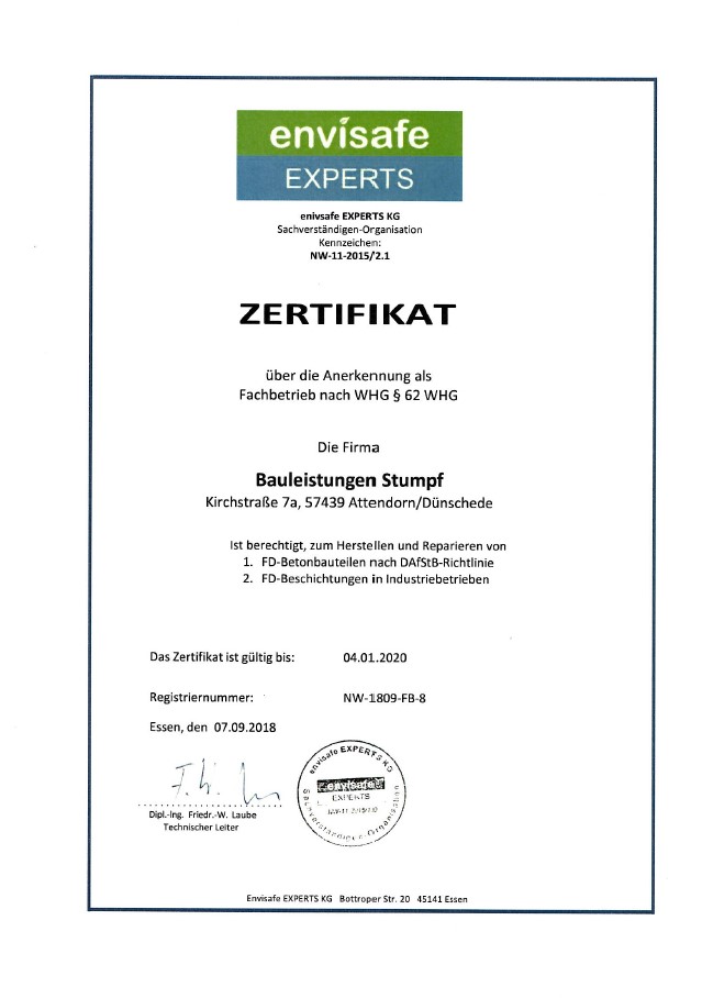 Zertifikat Beschichtung nach WHG § 62
