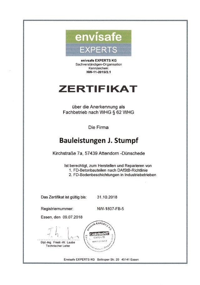 Zertifikat Beschichtung nach WHG § 62