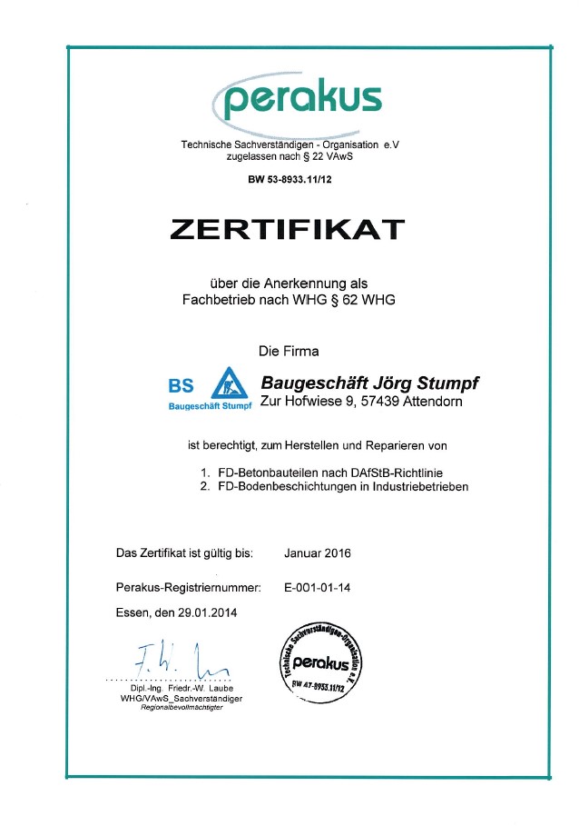 Zertifikat Beschichtung nach WHG § 62