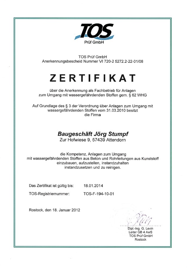Zertifikat Beschichtung nach WHG § 62