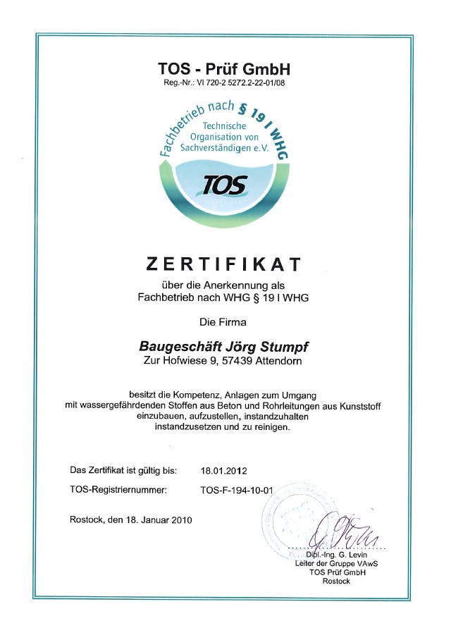 Zertifikat Beschichtung nach WHG § 62
