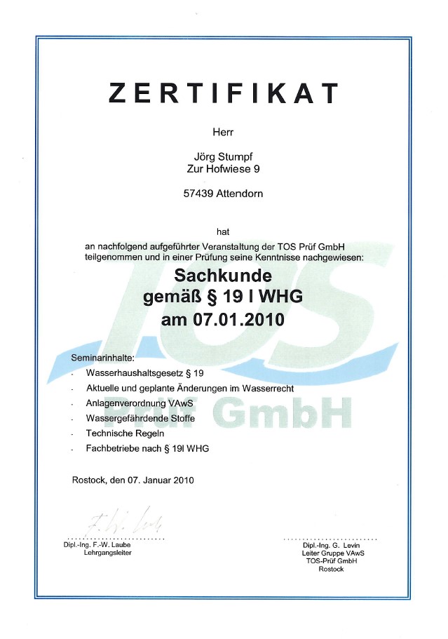 Zertifikat Beschichtung nach WHG § 62
