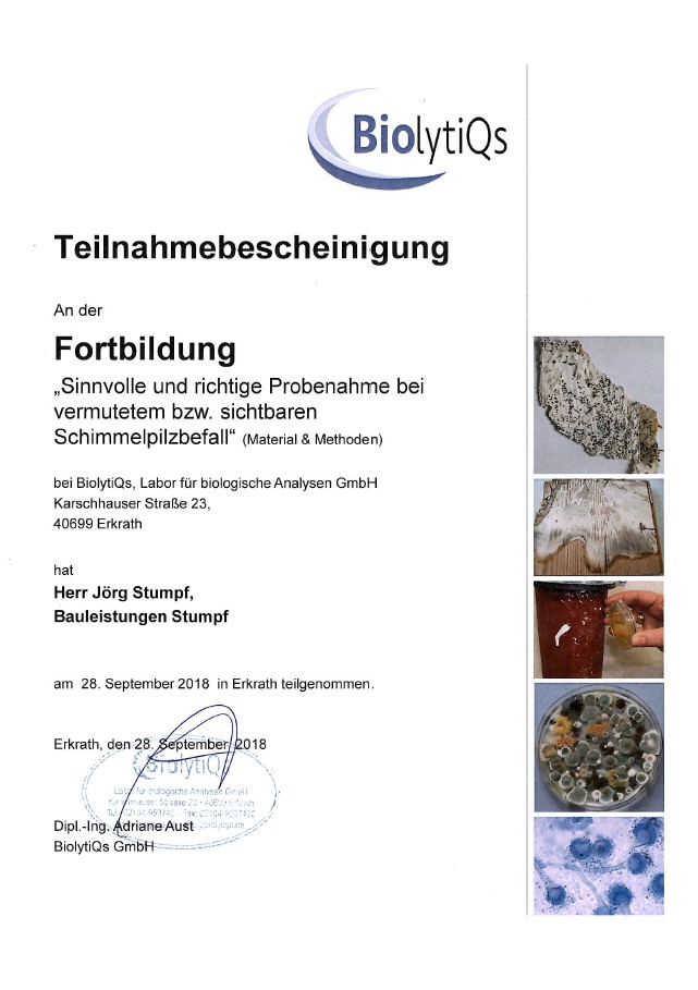 Zertifikat Schimmelpilzsanierung