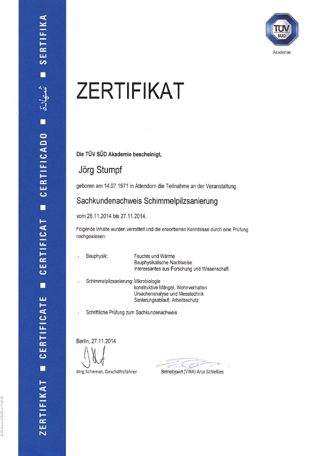 Zertifikat Schimmelpilzsanierung