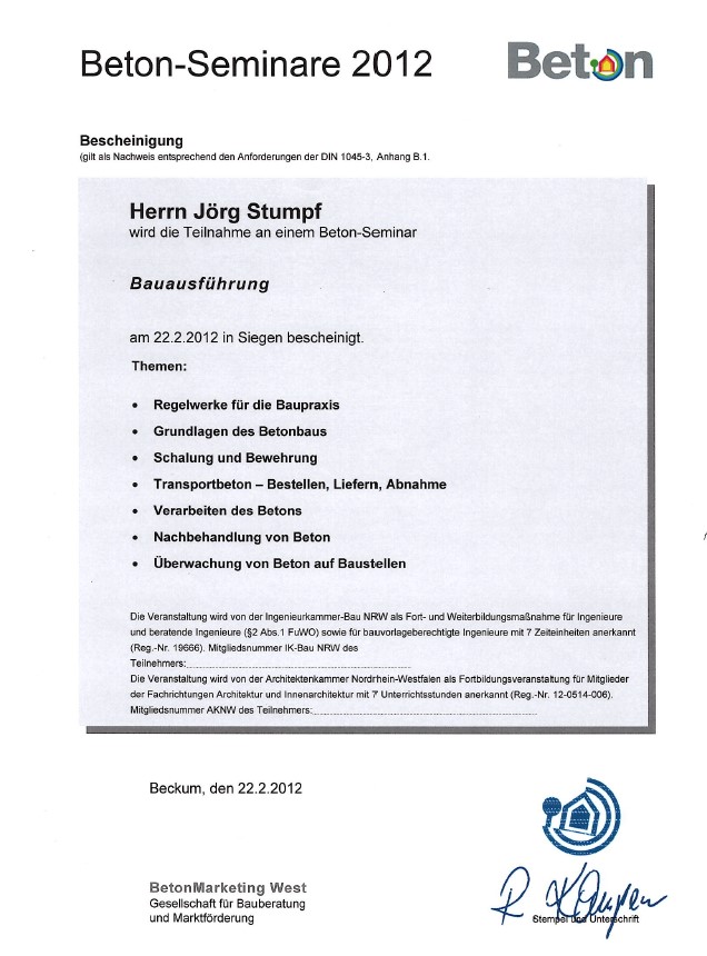 Zertifikat Stahlbetonbau