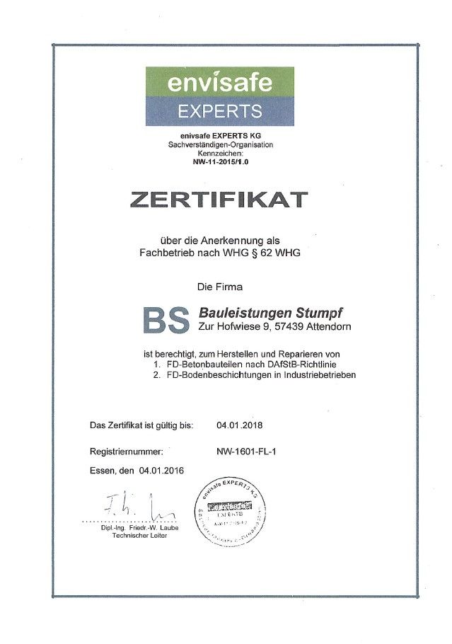 Zertifikat Beschichtung nach WHG § 62