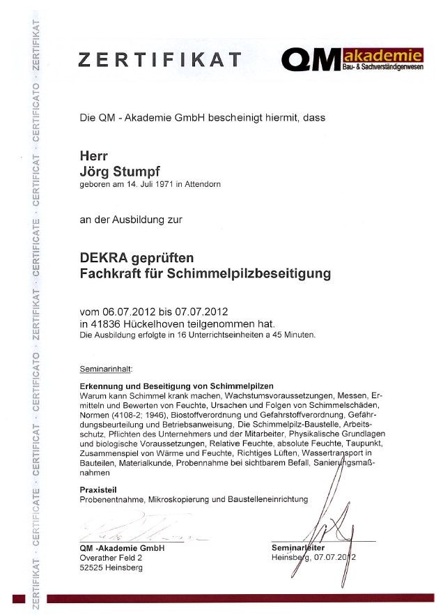 Zertifikat Schimmelpilzsanierung