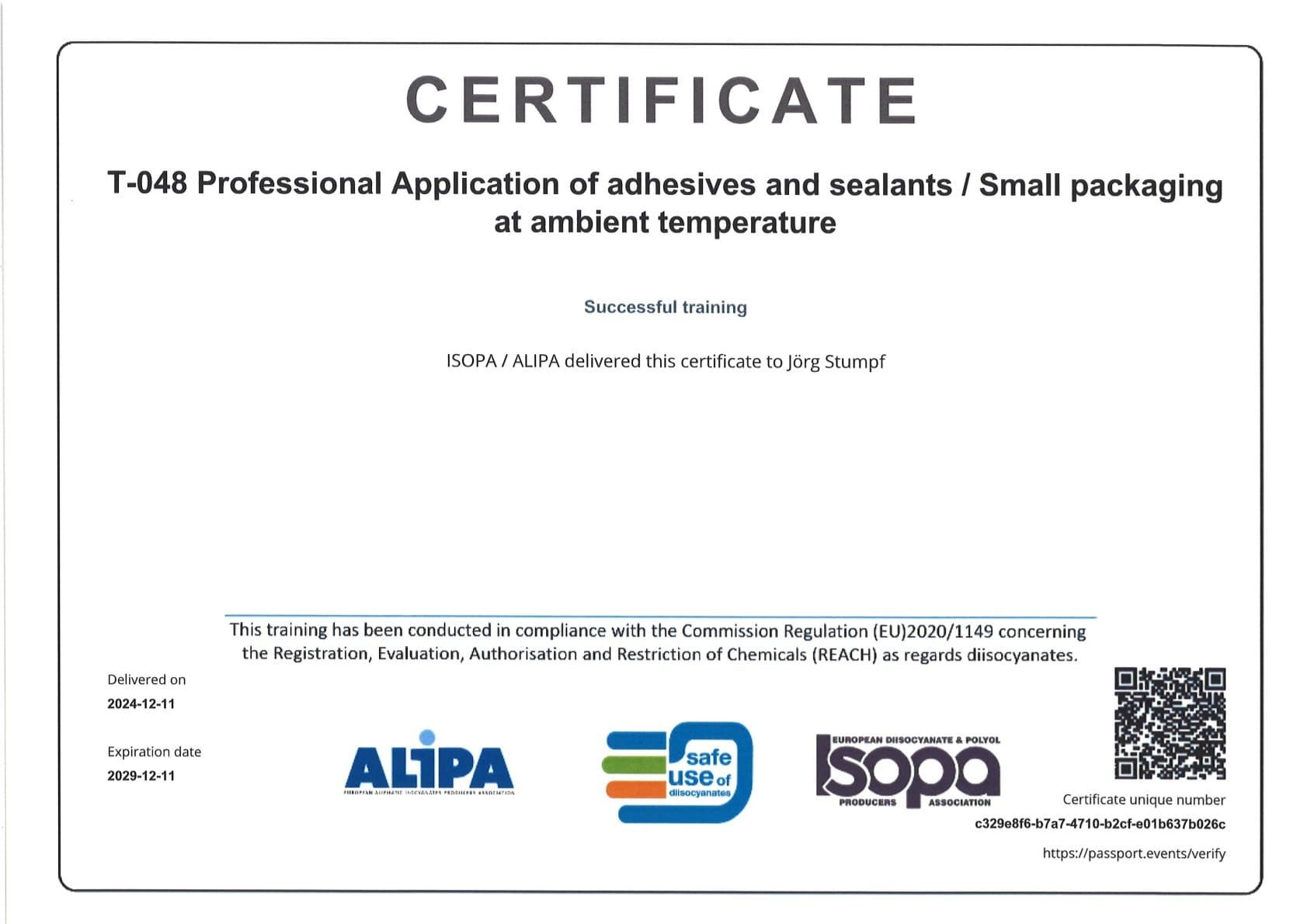 Zertifitkat Umgang mit Polyethanschäumen