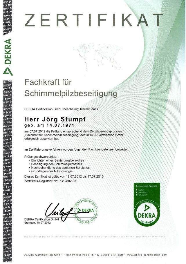 Zertifikat Schimmelpilzsanierung