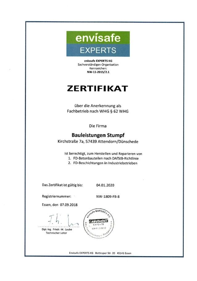 Zertifikat Beschichtung nach WHG § 62