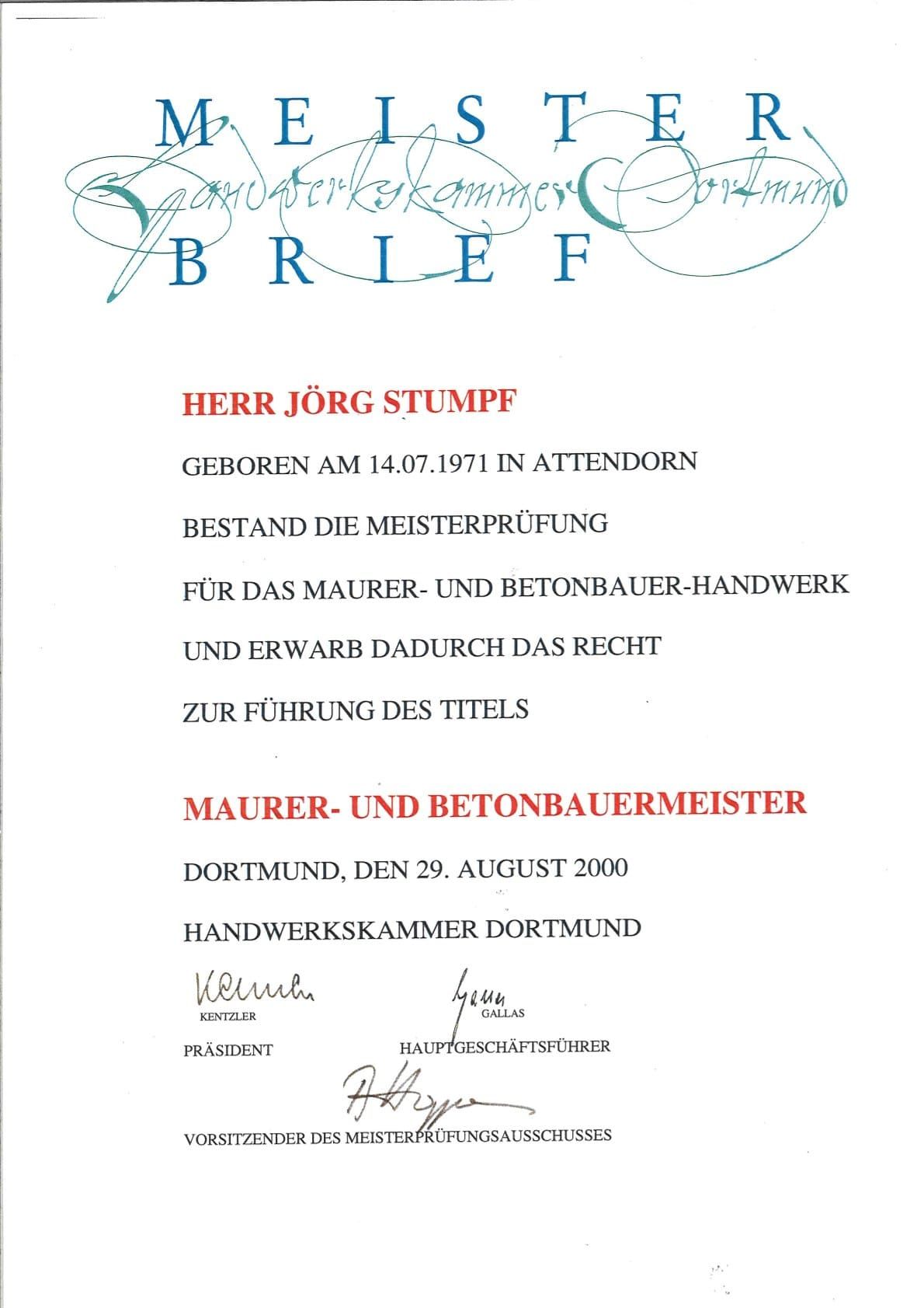 Meisterbrief Jörg Stumpf