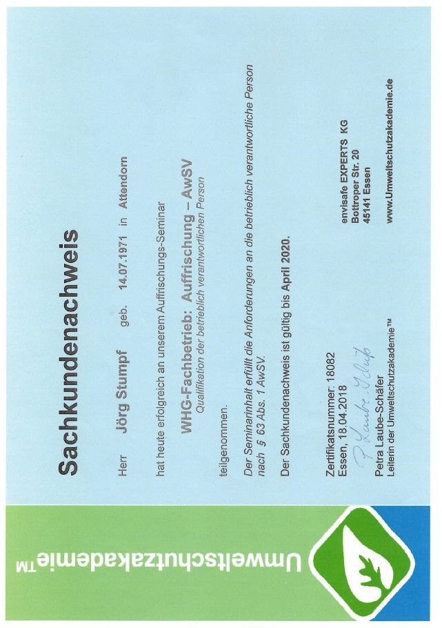 Zertifikat Beschichtung nach WHG § 62