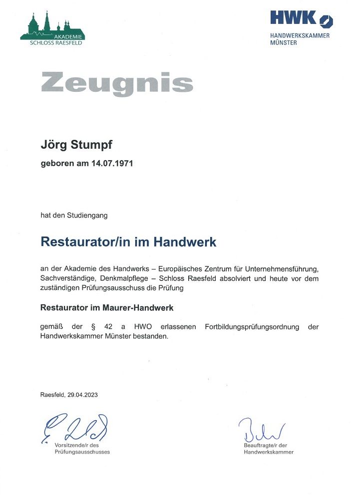 Zertifikat Restaurator im Maurerhandwerk