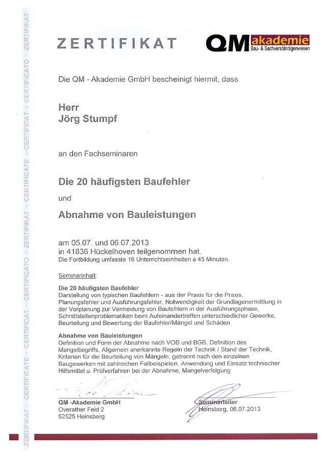 Zertifikat Bausachverständiger
