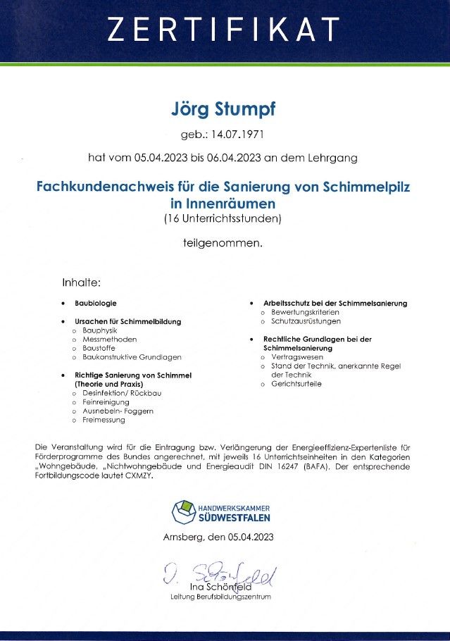 Zertifikat Schimmelpilzsanierung