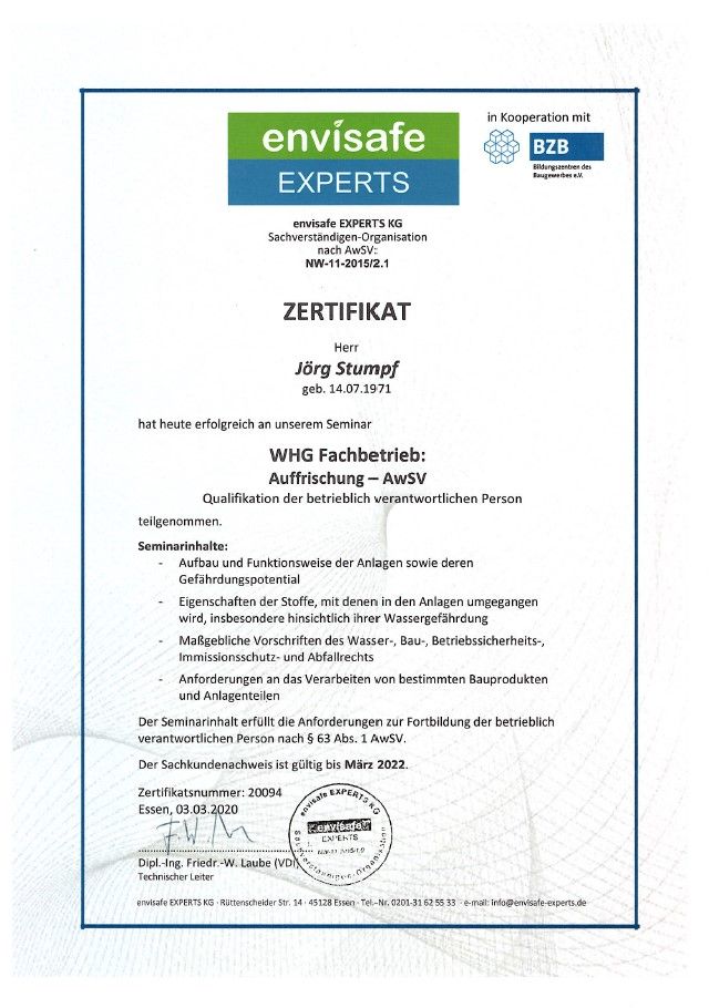 Zertifikat Beschichtung nach WHG § 62